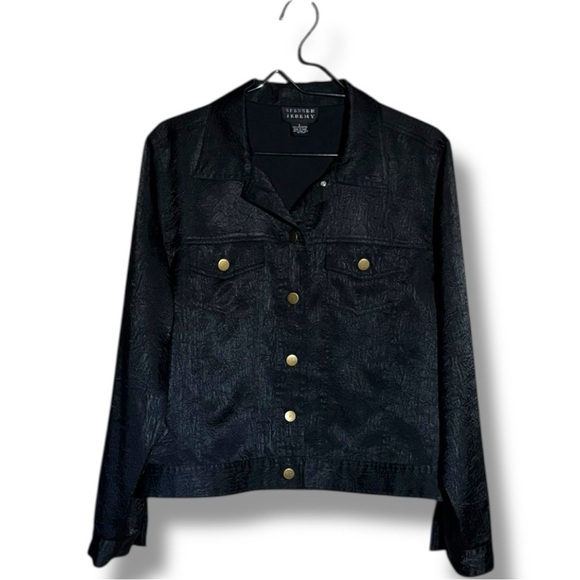 Spenser Jeremy Black Satin Long Sleeve Gold Buttons Collared Simple Chic Shirt - Picture 12 of 15